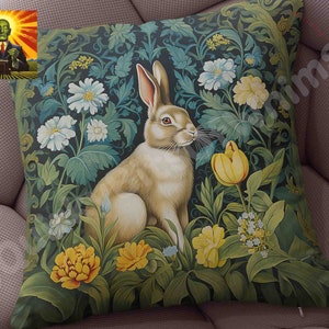 William Morris Floral Rabbit Pillow, full pillow or case only, Spun Polyester or Faux Suede cover, William morris pillow, Morris rabbit