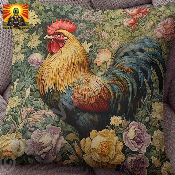 William Morris Rooster Pillow: full or case only, spun polyester or faux suede