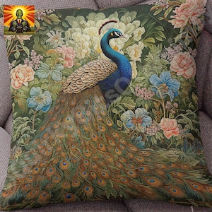 William Morris Peacock Pillow- full pillow or case only, Spun Polyester or Faux Suede cover, Morris bird decor, Morris peacock accent throw