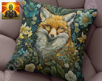 William Morris Fox Floral Pillow, full pillow or case only, Spun Polyester or Faux Suede, Morris fox accent, fox decorative throw, fox decor