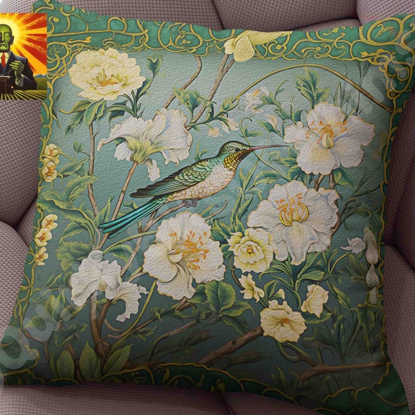 William Morris Tulips Hummingbird Pillow, full pillow or case only, Spun Polyester or Faux Suede cover, Morris pillow, William Morris bird