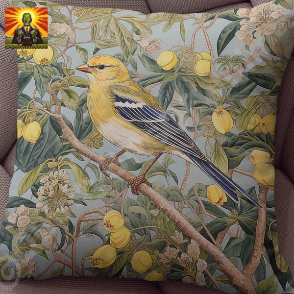 William Morris Goldfinch Pillow, full pillow or case only, Spun Polyester or Faux Suede, William morris pillow, William Morris bird pillow