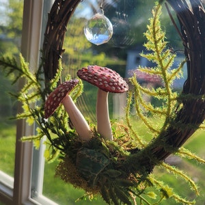 6 inch Cottagecore Moss and Mushroom Wreath, Mystical Suncatcher with Crystals, Fairycore home decor