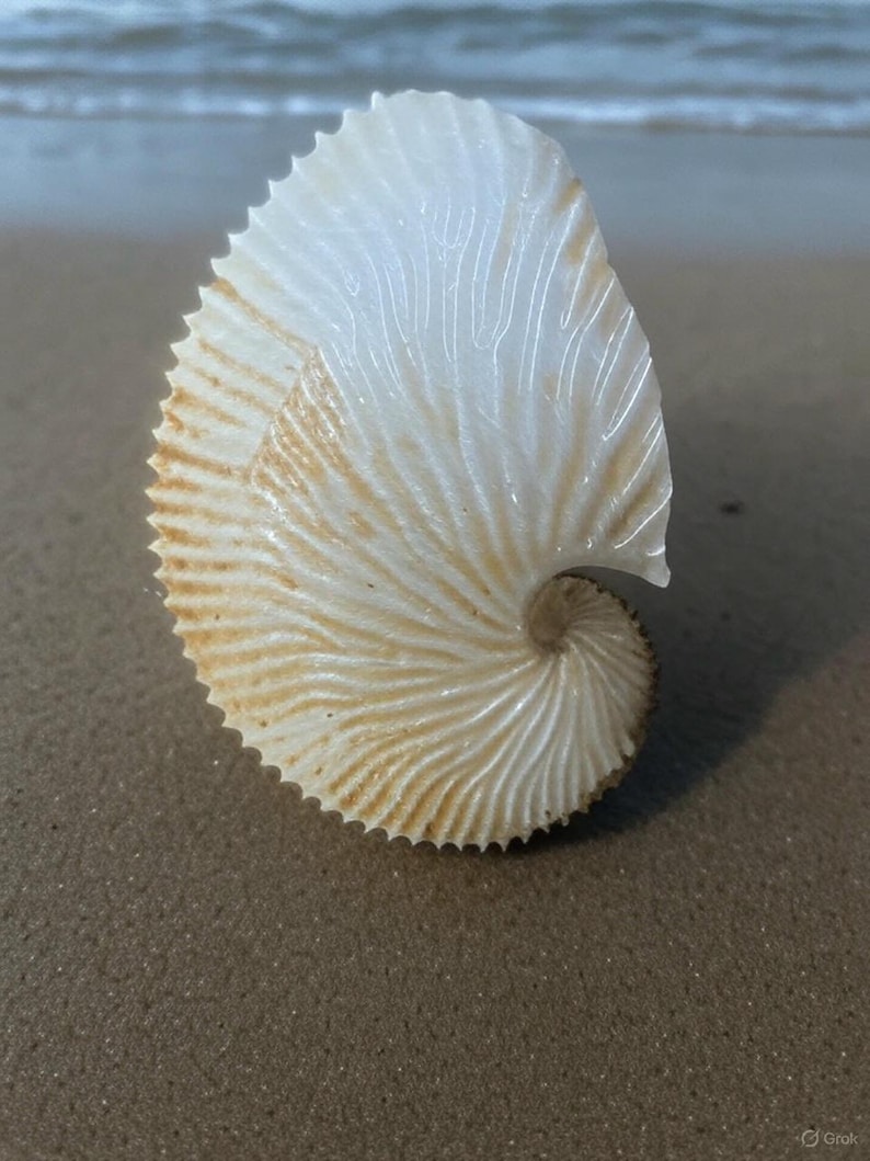 May include: A nautilus shell with a spiral shape, resting on a sandy beach. The shell is white with tan and brown accents, and has a textured surface. The shell's spiral design is a prominent feature.