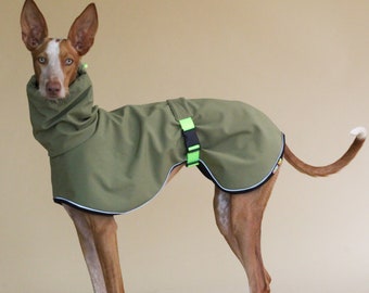 Olivfarbene wasserdichte Softshelljacke, Regenmantel für Whippet, Podenco, Greyhound & italienisches Windspiel, Hundebekleidung, Kleidung für Hund, Suit