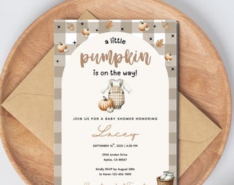 May include: Baby shower invitation with a pumpkin theme. The invitation features the text "a little pumpkin is on the way!" and includes details for Lacey's baby shower. The design includes pumpkins, leaves, and a plaid pattern.