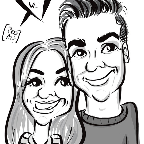 Caricature de mariage à partir d'une photo/ numérique/ portrait/ noir et blanc/ personnalisé/ personnalisé/ cadeau unique pour un couple/ idée de cartes postales