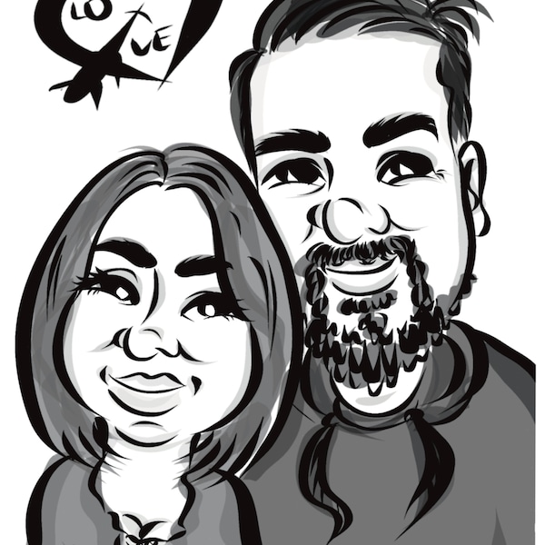 Wedding Caricature from photo/ Digital/ Portrait/ black and white/ personalised/ custom/ quirky/unique gift for couple/idea for postcards