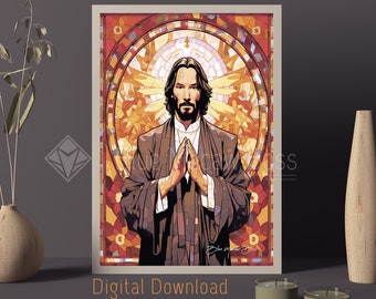 Décoration murale en vitrail orange Jésus de Keanu Reeves v3, Keanu Reeves en Jésus-Christ, art mural imprimable, peinture meme - Téléchargement numérique