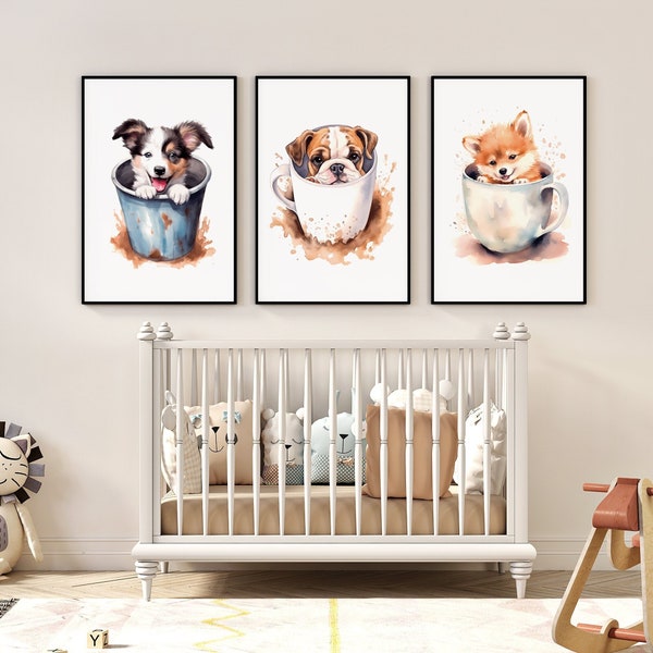 Cute puppies wall art. Set of 3 modern aesthetic decorative paintings, for nursery, baby room, living room wall decor. dog digital prints.