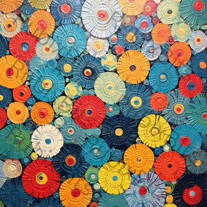 Peut inclure: Peinture abstraite présentant un motif coloré de cercles qui se chevauchent dans des tons de rouge, jaune, bleu, vert et blanc. Les cercles sont disposés de manière aléatoire, créant une composition dynamique et visuellement attrayante.