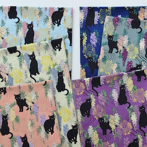 Black Cat Fabric Floral Cat Fabric Cat Flowers Fabric 100% Cotton Fabric Anime Cartoon Fabric By The Half Yard