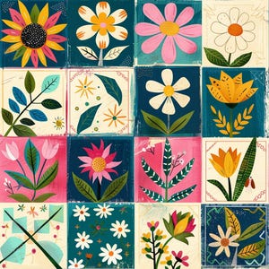 Könnte beinhalten: Ein Raster aus sechzehn quadratischen Feldern mit verschiedenen Blumen- und Pflanzenillustrationen. Die Grafik zeigt eine vielfältige Sammlung von Blüten, Blättern und Stängeln in leuchtenden Farben wie Pink, Gelb, Weiß und Grün auf dunkelblauem, hellrosa und cremefarbenem Hintergrund.