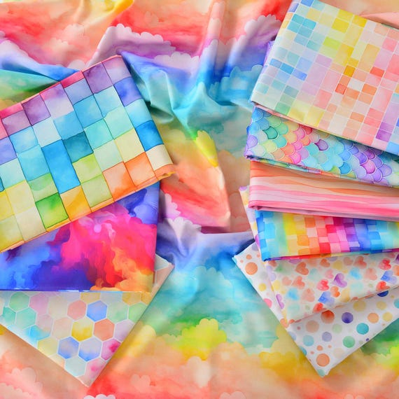 Watercolor effect Fabric Colorful Fabric Rainbow Fabric Dreamy Cloud themed Fabric 100% Cotton Fabric By The Half Yard