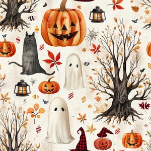Könnte beinhalten: Ein nahtloses Muster mit Aquarellillustrationen von orangefarbenen Kürbissen, schwarzen Katzen, weißen Geistern, kahlen Bäumen, schwarzen Laternen sowie roten und orangefarbenen Herbstblättern auf cremefarbenem Grund mit kleinen Fledermäusen.