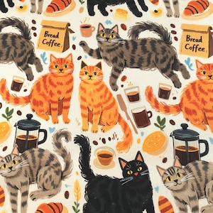 Coffee Bread Bakery Cat Fabric 100% Cotton Fabric Cartoon Fabric By The Half Yard