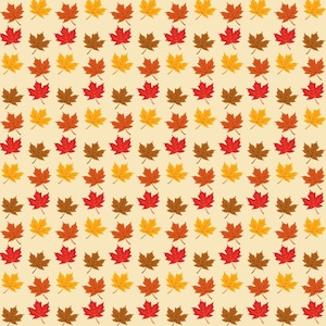 Può includere: Un motivo ripetitivo di foglie d'acero in tonalità di rosso, arancione, giallo e marrone disposte in colonne verticali su uno sfondo color crema chiaro. Le foglie sono raffigurate in uno stile grafico piatto con lobi e steli distinti.