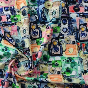 Watercolor Camera Fabric 100% Cotton Fabric By The Half Yard Vintage Camera Illustration Print Fabric