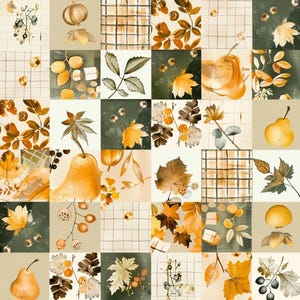Könnte beinhalten: Ein Raster aus quadratischen Kacheln mit herbstlichen Illustrationen, darunter gelbe Birnen, orangefarbene und braune Ahornblätter, Eicheln, Beeren und karierte Hintergründe in Creme-, Olivgrün- und warmen Goldgelbtönen.