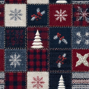 Peut inclure: Un motif de tissu composé d'une grille de carrés aux designs alternés, incluant des flocons de neige blancs, des baies rouges sur des branches de pin, des sapins blancs, un motif écossais rouge et noir et des étoiles blanches.