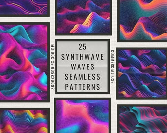 Synthwave Waves Seamless Patterns scrapbook papers retro cyberpunk vaporwave neon textures futurism aesthetic instant download