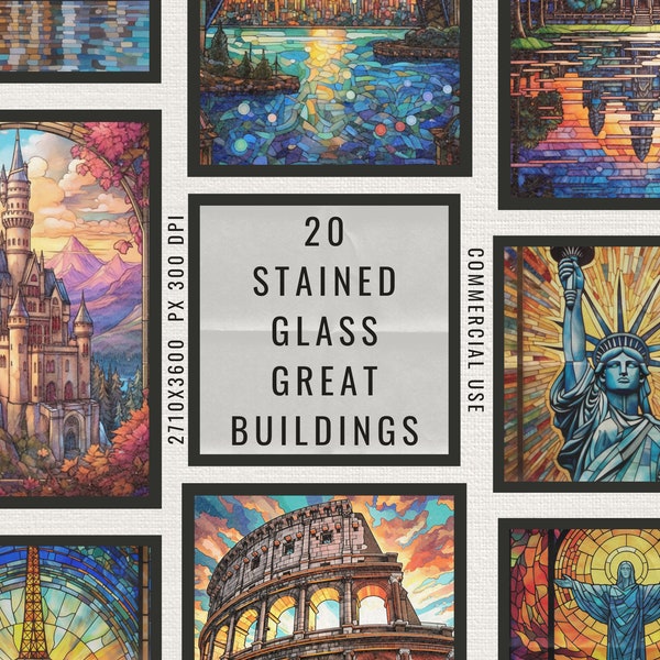 20 World Buildings Stained Glass Digital Art | Stained Glass Printables | Designs for Posters & Gifts | High Resolution Posters |