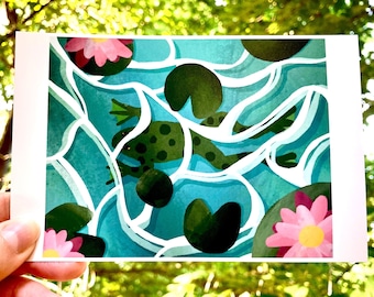 Frog Pond Mini Print | Frog Illustration | Frog Art Print | Cottagecore Aesthetic | Frog Decor | Frog Aesthetic Art Print | Cottagecore Art