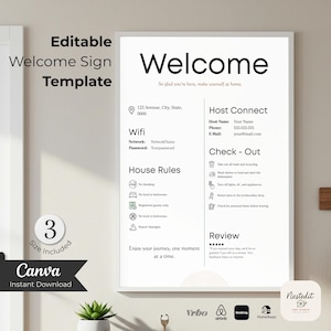 Modern Airbnb Welcome Sign Template: House Rules, WiFi (Canva Editable Digital Download)