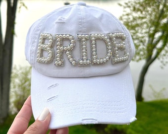 Bride Baseball Hat, Distressed, White | Ponytail Hole, Criss Cross Back, Mesh | Bachelorette Party, Wedding, Bridal Shower | Bride or Mrs