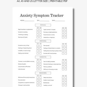 Seguimiento de síntomas de ansiedad, Seguimiento de ansiedad, Hoja de trabajo de ansiedad, Plantilla imprimible, Registro de ansiedad, Salud mental