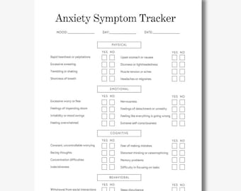 Suivi des symptômes d'anxiété, suivi de l'anxiété, feuille de travail sur l'anxiété, modèle imprimable, journal de l'anxiété, santé mentale
