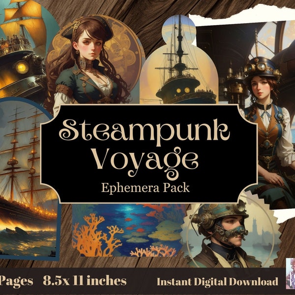 Steampunk Journey Ephemera Pack, Nautical, Steampunk Submarine and Ships Scrapbook, Instant Digital Download