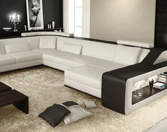 Sectional Couch U-Shaped Sofa with Chaise Leather Modern Sofa Design White Black - BULLHOFF by Giovanni Capellini…