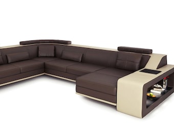 Couch Sectional Sofa U-Shaped Chaise Sofa Leather Modern Sofa Design Brown Beige - BULLHOFF by Giovanni Capellini…