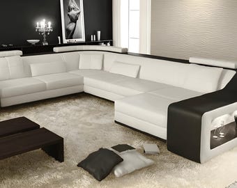Sectional Couch U-Shaped Sofa with Chaise Leather Modern Sofa Design White Black - BULLHOFF by Giovanni Capellini…