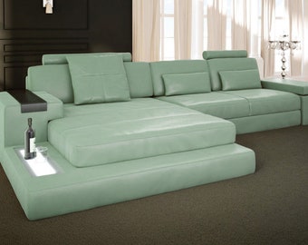 Couch Leather Chaise Sofa L-Shaped Sectional Sofa Modern Furniture Mint Green - BULLHOFF by Giovanni Capellini