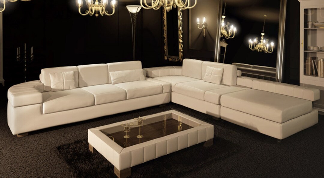 32 Sofa Set White Leather Sectional Couch With Big Stool Modern Sofa