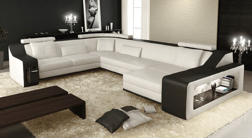 Sectional Couch U-shaped Sofa Chaise Leather Modern Sofa Design Black ...