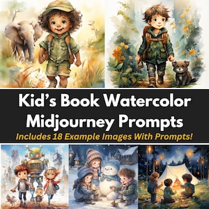 Midjourney Prompts, Kinderbuch, Aquarell, Pastell, Bilder für Kinder, Fantasiewelt, Kopieren und Einfügen, Cartoons, für Eltern, Lehrer