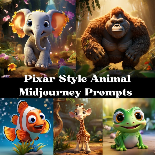 Midjourney Prompts, Pixar Style Animals, 50 Prompts, Animated, Digital Download, Prompt Guide, AI Generated Art, Animal Art, Characters