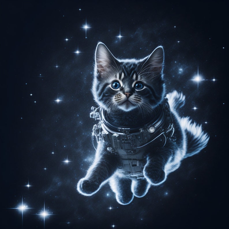 May include: A small, gray and white kitten wearing a black astronaut suit floats in space against a dark blue background with white stars.