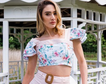 Floral Crop Top floral organic top eco-friendly top short sleeve crop top y2k top sustainable 100% organic cotton handmade - Hyacinth "