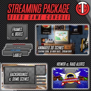 Peut inclure: Un pack de streaming pour console de jeu rétro avec des scènes 3D animées, des cadres et des boîtes, des étiquettes, des arrière-plans et des scènes de démonstration, ainsi que des alertes de visionnage et de raid. Le pack comprend une variété de graphismes et d'animations pour les streamers.