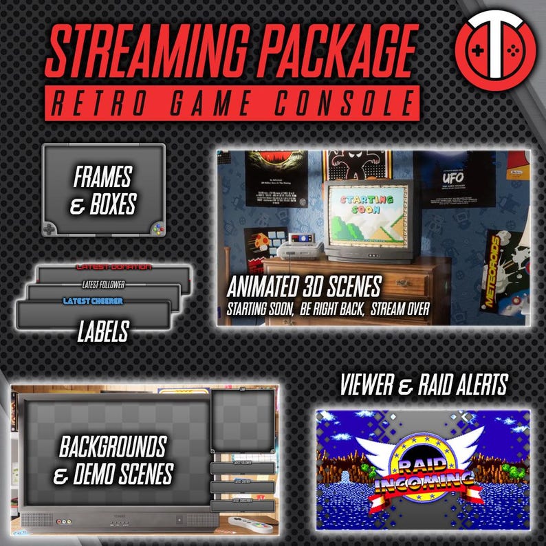 May include: A retro game console streaming package with animated 3D scenes, frames and boxes, labels, backgrounds and demo scenes, and viewer and raid alerts. The package includes a variety of graphics and animations for streamers.