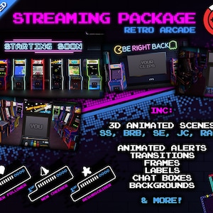 Pacote de Streaming Animado Retro Arcade - Sobreposições, Cenas 3D, Alertas, Planos de Fundo, Transições, Molduras, Elementos - Twitch / YouTube