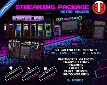 Retro Arcade Animated Stream Package - Overlays, 3D Scenes, Alerts, Backgrounds, Transitions, Frames, Elements - Twitch / YouTube