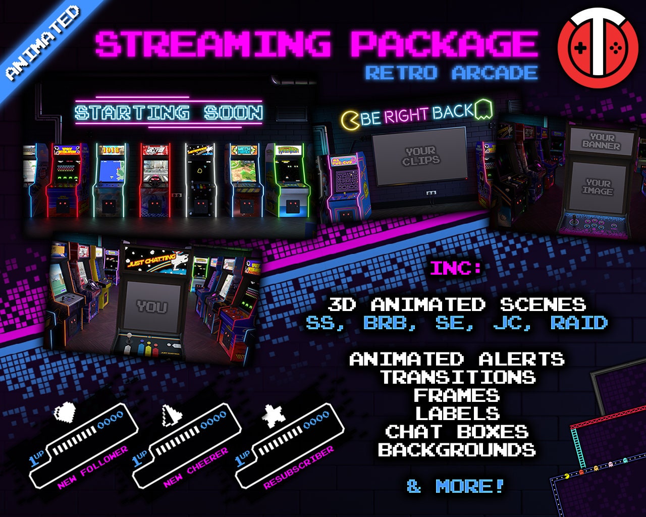 Retro Arcade Animated Stream Package - Overlays, 3D Scenes, Alerts ...
