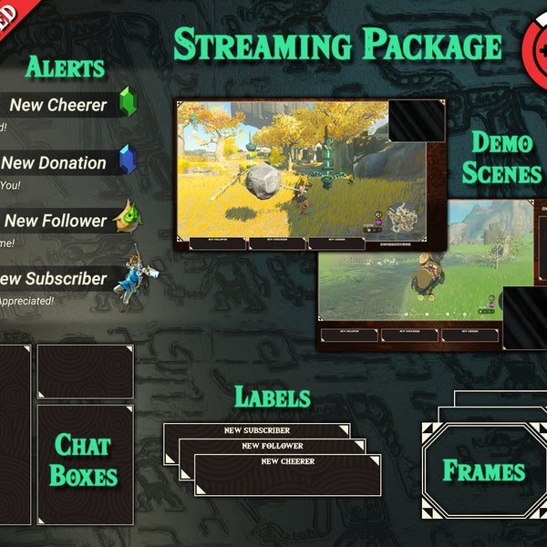 Fantasy RPG Stream Paket - TotK / BotW - Overlays, Warnungen, Hintergründe, Elemente, Szenen, Übergang, Beschriftungen, Rahmen