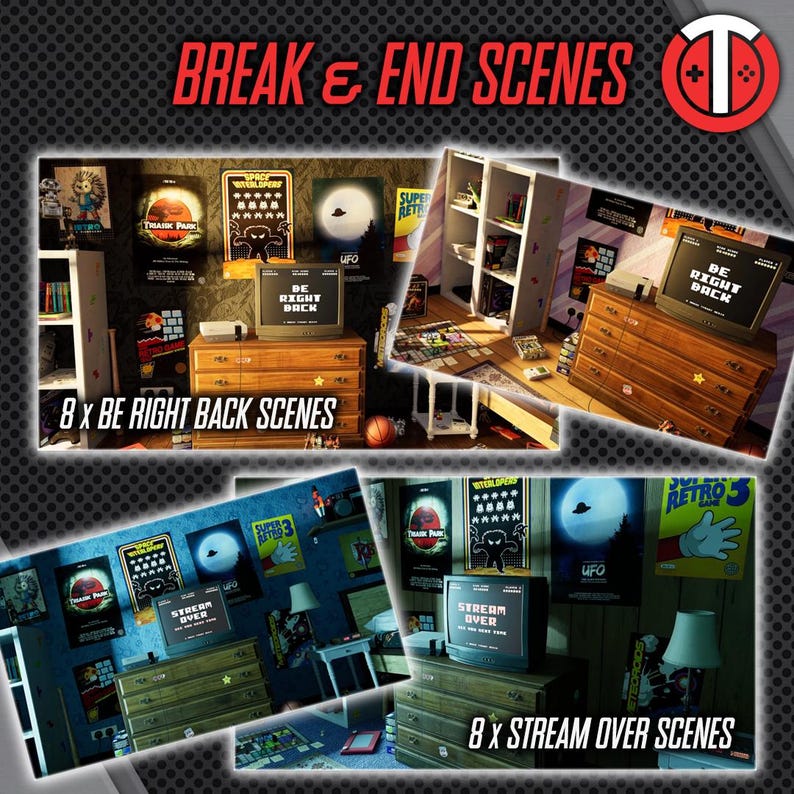 May include: A digital illustration of a retro-style bedroom with a dresser, a TV, and posters on the walls. The posters feature video game characters and the text "Super Retro 3", "Stream Over", and "Be Right Back".