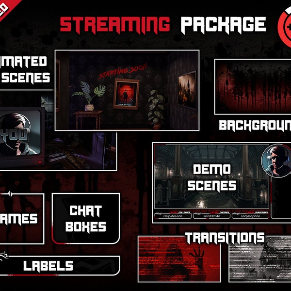 Twitch Animated Stream Package - Horreur / Slasher / Thriller / Spooky - Superpositions, scènes 3D, alertes, arrière-plans, transitions, éléments